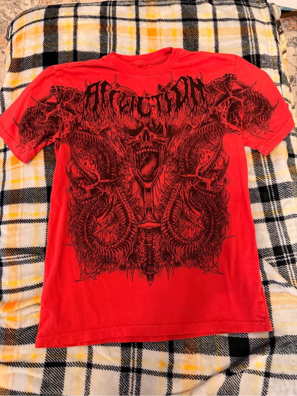 Affliction Red Short-Sleeve Tee with Black Graphic Womens XS Like New ❤️🖤❤️